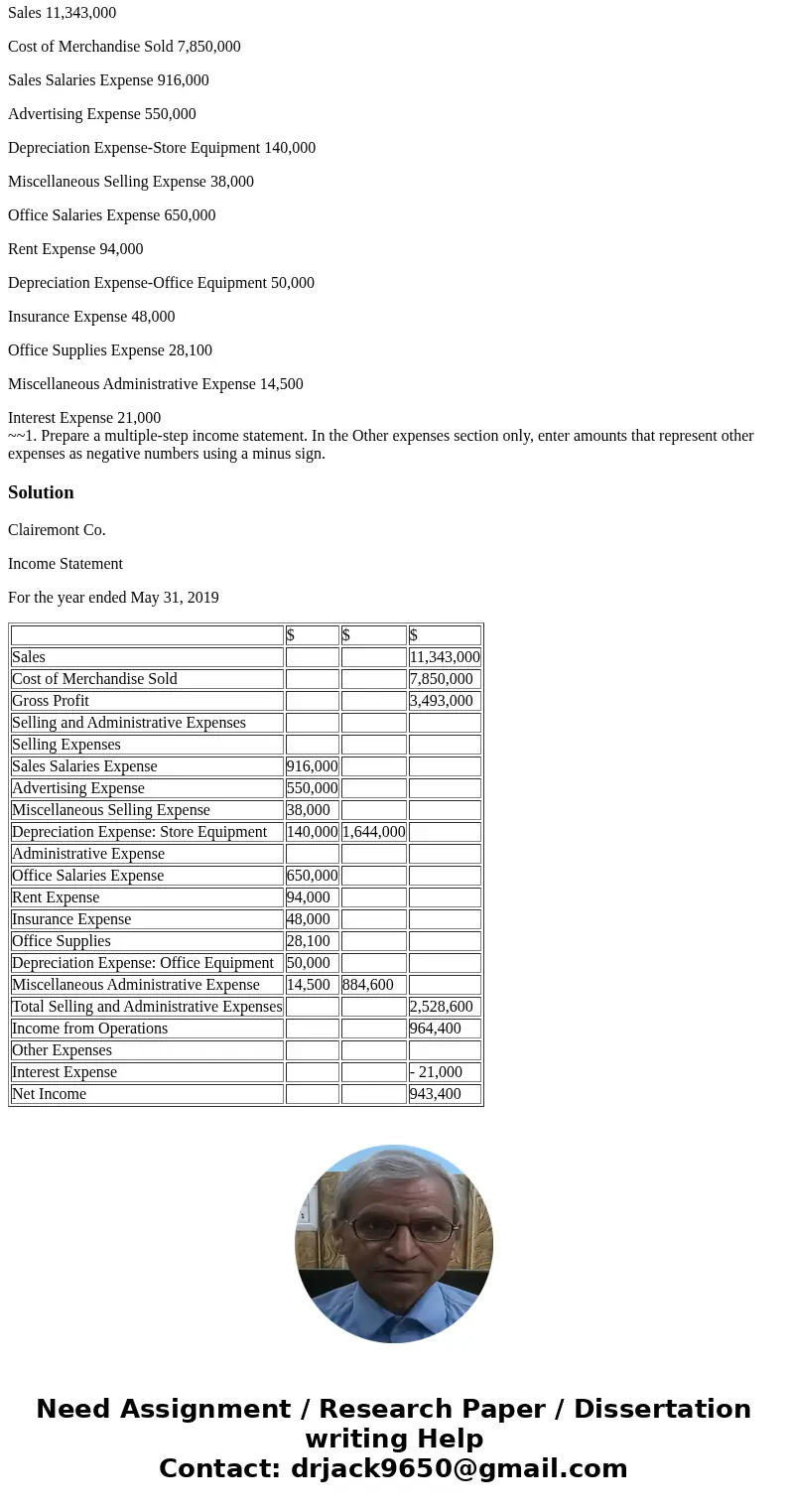 The following selected accounts and their current balances appear in the ledger of Clairemont Co. for the fiscal year ended May 31, 2019: Cash $ 240,000 Account The following selected accounts and their current balances appear in the ledger of Clairemont Co. for the fiscal year ended May 31, 2019: Cash $ 240,000 Account