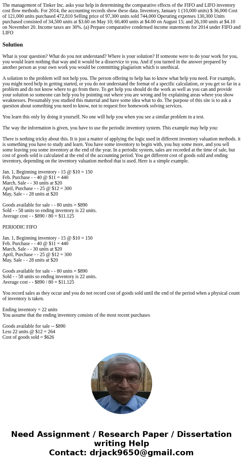 The management of Tinker Inc. asks your help in determining the comparative effects of the FIFO and LIFO inventory cost flow methods. For 2014, the accounting r The management of Tinker Inc. asks your help in determining the comparative effects of the FIFO and LIFO inventory cost flow methods. For 2014, the accounting r