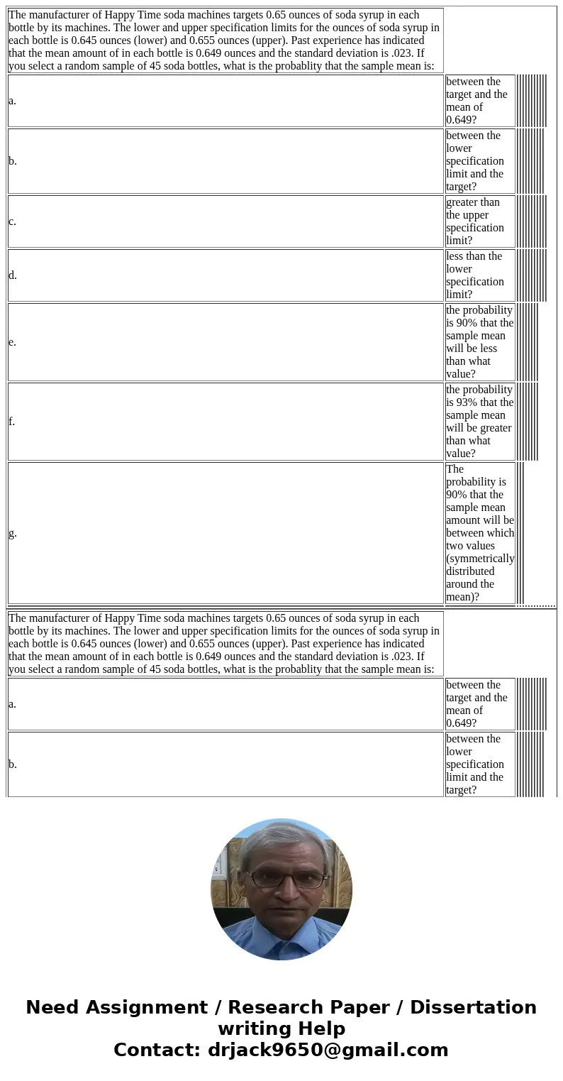  The manufacturer of Happy Time soda machines targets 0.65 ounces of soda syrup in each bottle by its machines. The lower and upper specification limits for the