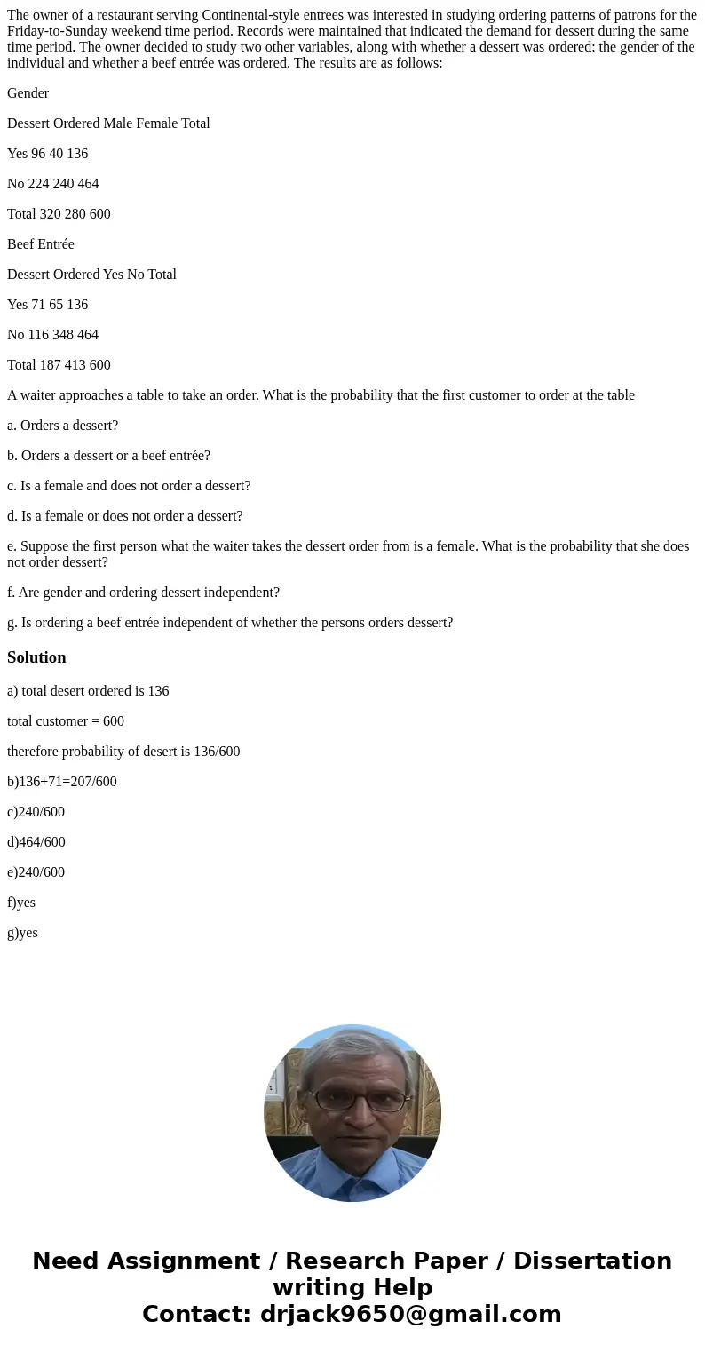 The owner of a restaurant serving Continental-style entrees was interested in studying ordering patterns of patrons for the Friday-to-Sunday weekend time period The owner of a restaurant serving Continental-style entrees was interested in studying ordering patterns of patrons for the Friday-to-Sunday weekend time period