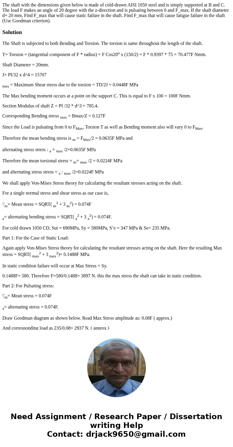 The shaft with the dimensions given below is made of cold-drawn AISI 1050 steel and is simply supported at B and C. The load F makes an angle of 20 degree with  The shaft with the dimensions given below is made of cold-drawn AISI 1050 steel and is simply supported at B and C. The load F makes an angle of 20 degree with