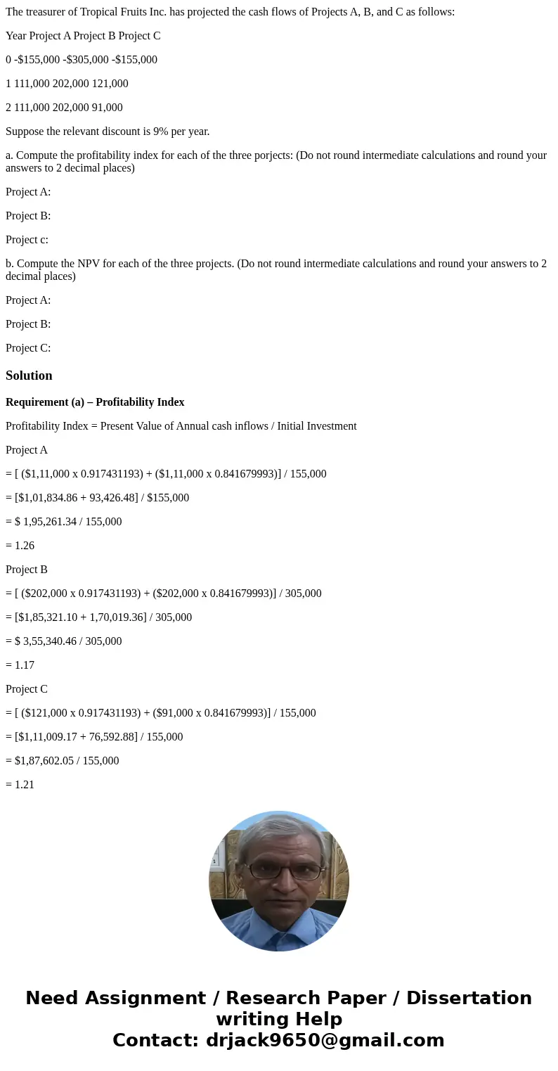 The treasurer of Tropical Fruits Inc. has projected the cash flows of Projects A, B, and C as follows: Year Project A Project B Project C 0 -$155,000 -$305,000 