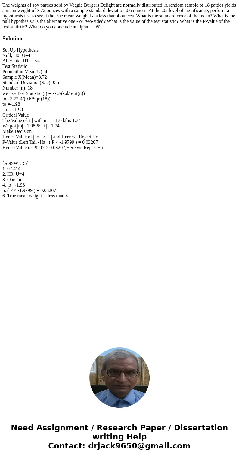 The weights of soy patties sold by Veggie Burgers Delight are normally distributed. A random sample of 18 patties yields a mean weight of 3.72 ounces with a sa  The weights of soy patties sold by Veggie Burgers Delight are normally distributed. A random sample of 18 patties yields a mean weight of 3.72 ounces with a sa