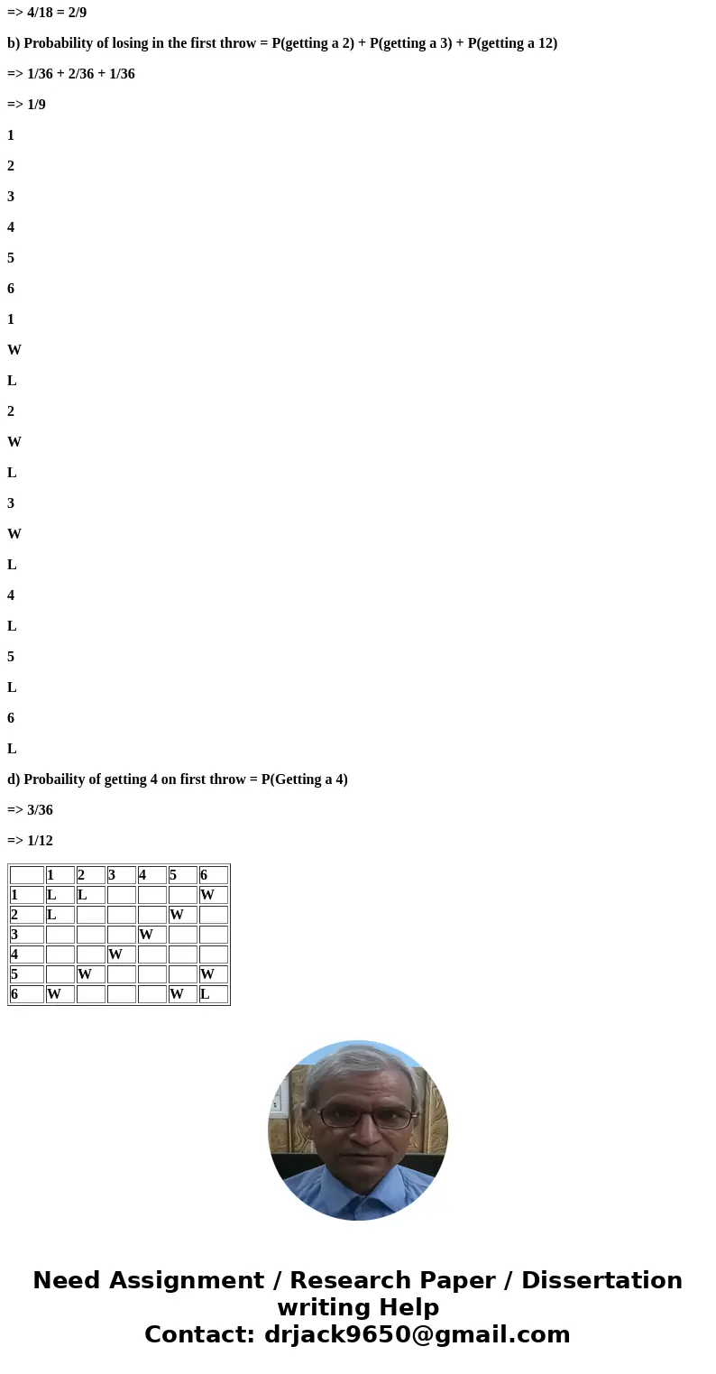 There is a dice game called “craps”. The game is based on rolling 2 dice and seeing what total number comes up by summing the two faces of the dice. Use the fol There is a dice game called “craps”. The game is based on rolling 2 dice and seeing what total number comes up by summing the two faces of the dice. Use the fol