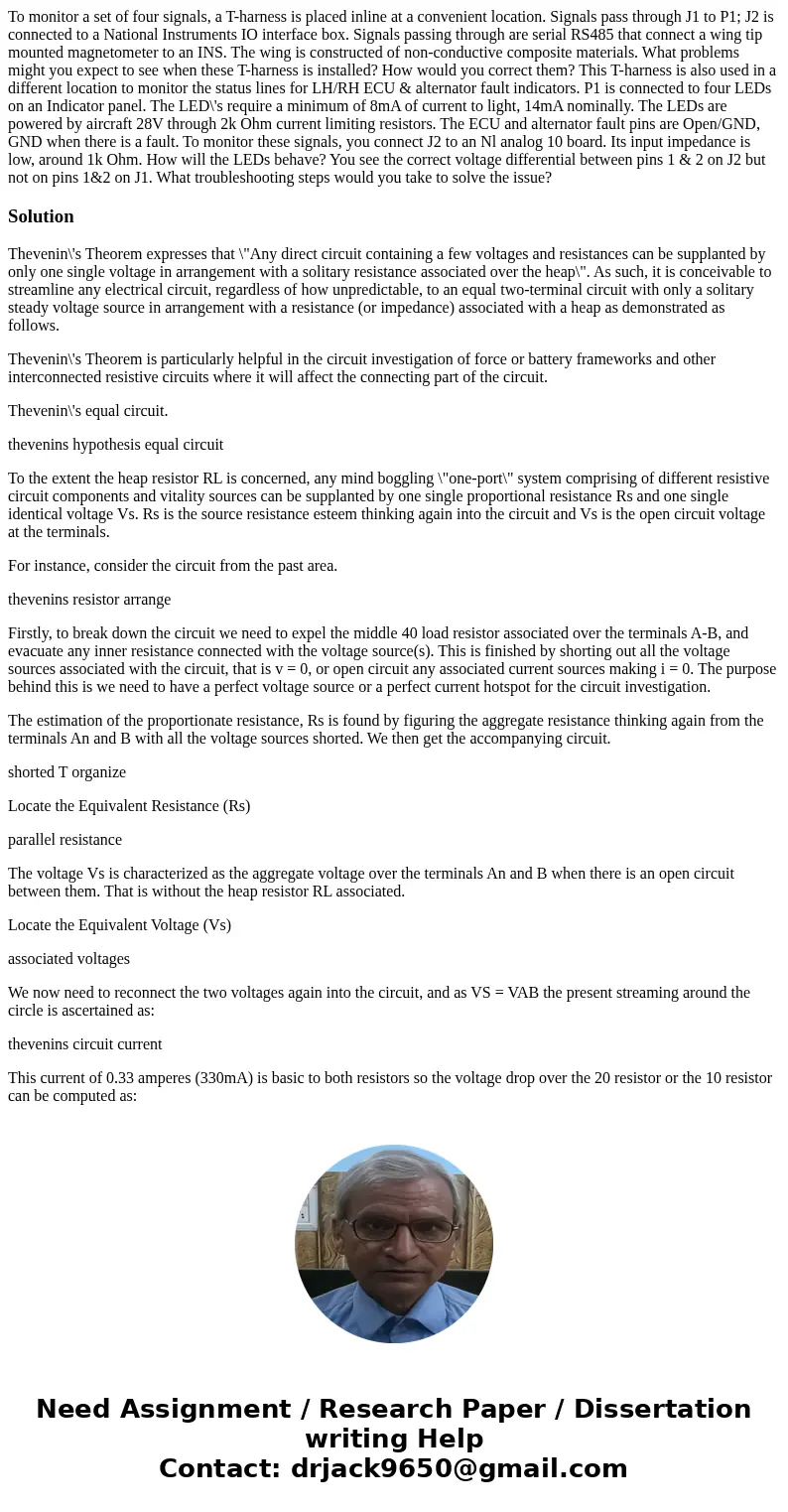 To monitor a set of four signals, a T-harness is placed inline at a convenient location. Signals pass through J1 to P1; J2 is connected to a National Instrumen  To monitor a set of four signals, a T-harness is placed inline at a convenient location. Signals pass through J1 to P1; J2 is connected to a National Instrumen
