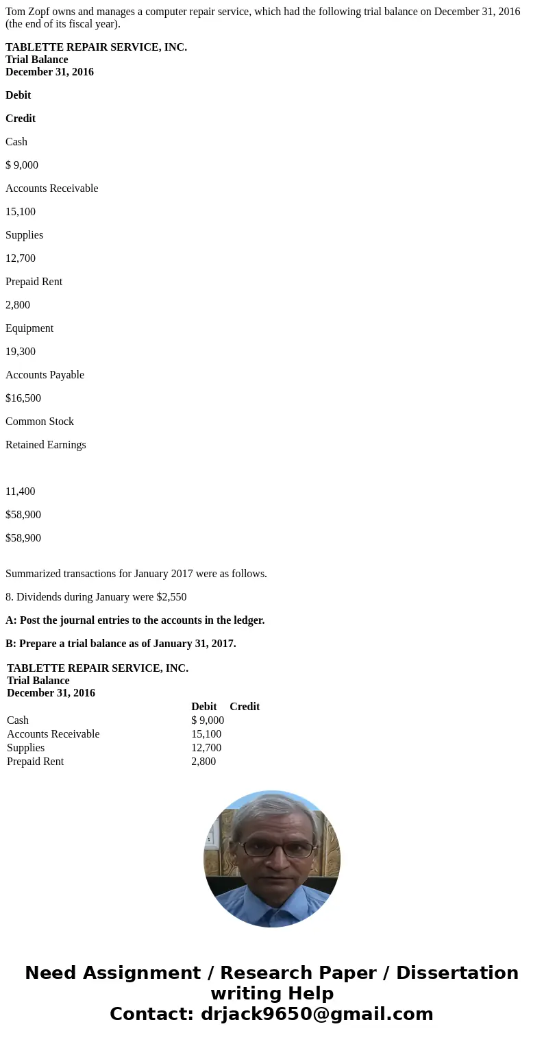 Tom Zopf owns and manages a computer repair service, which had the following trial balance on December 31, 2016 (the end of its fiscal year). TABLETTE REPAIR SE