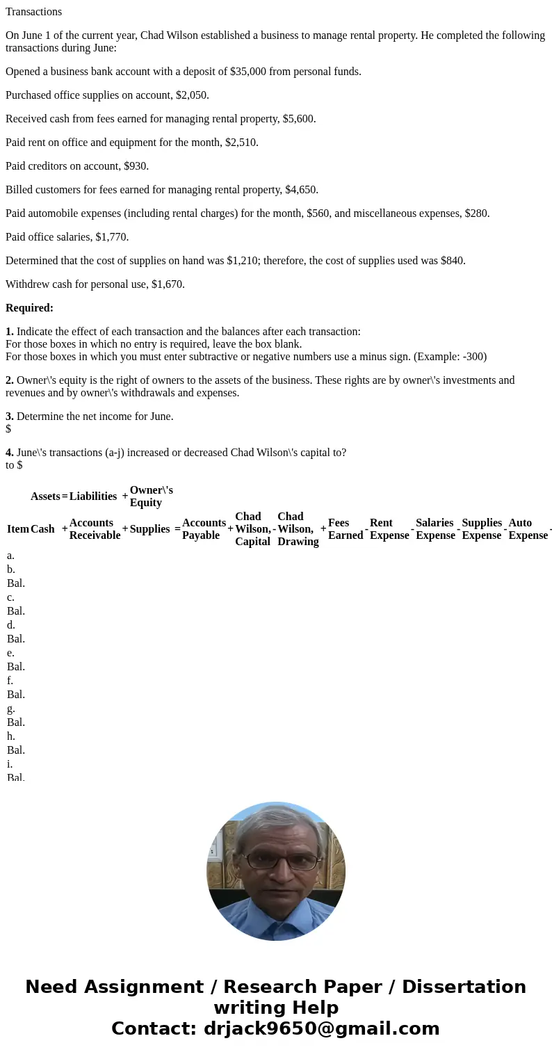 Transactions On June 1 of the current year, Chad Wilson established a business to manage rental property. He completed the following transactions during June: O