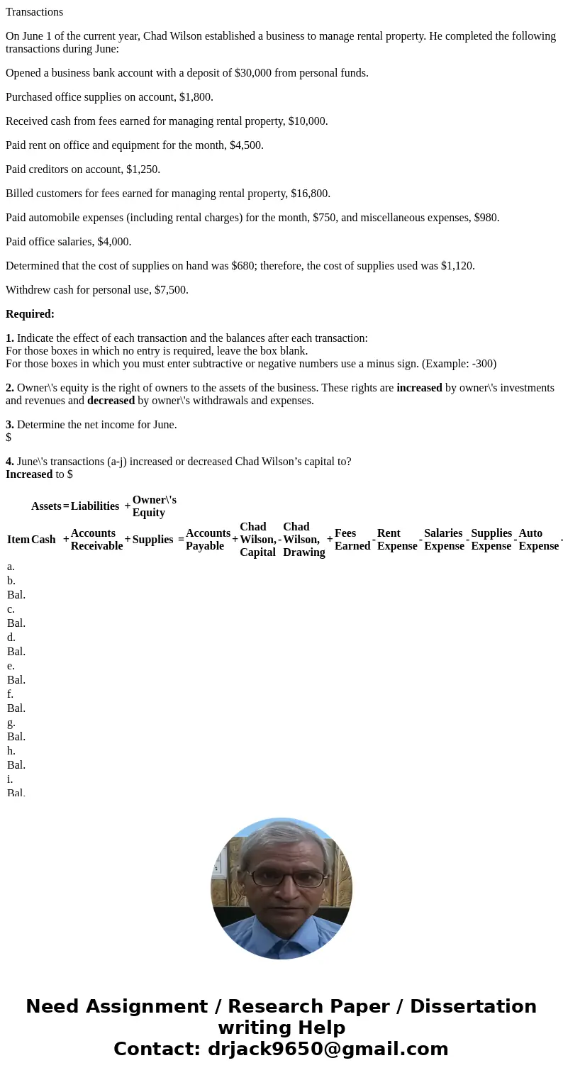 Transactions On June 1 of the current year, Chad Wilson established a business to manage rental property. He completed the following transactions during June: O