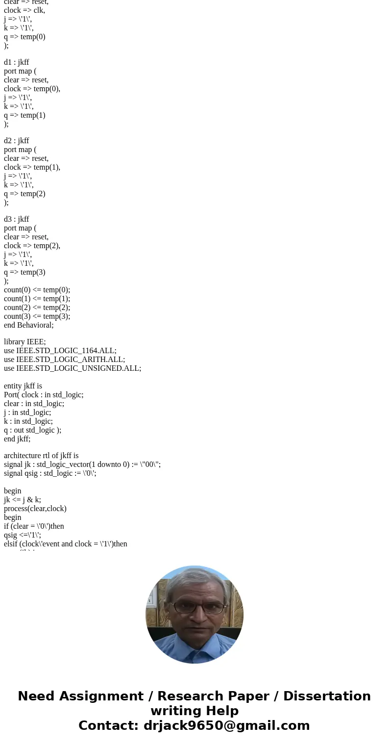 Using VHDL code Modify your existing JK flip flop to include a reset signal. Use the following diagram to design a binary counter that counts from 15 to 0, back