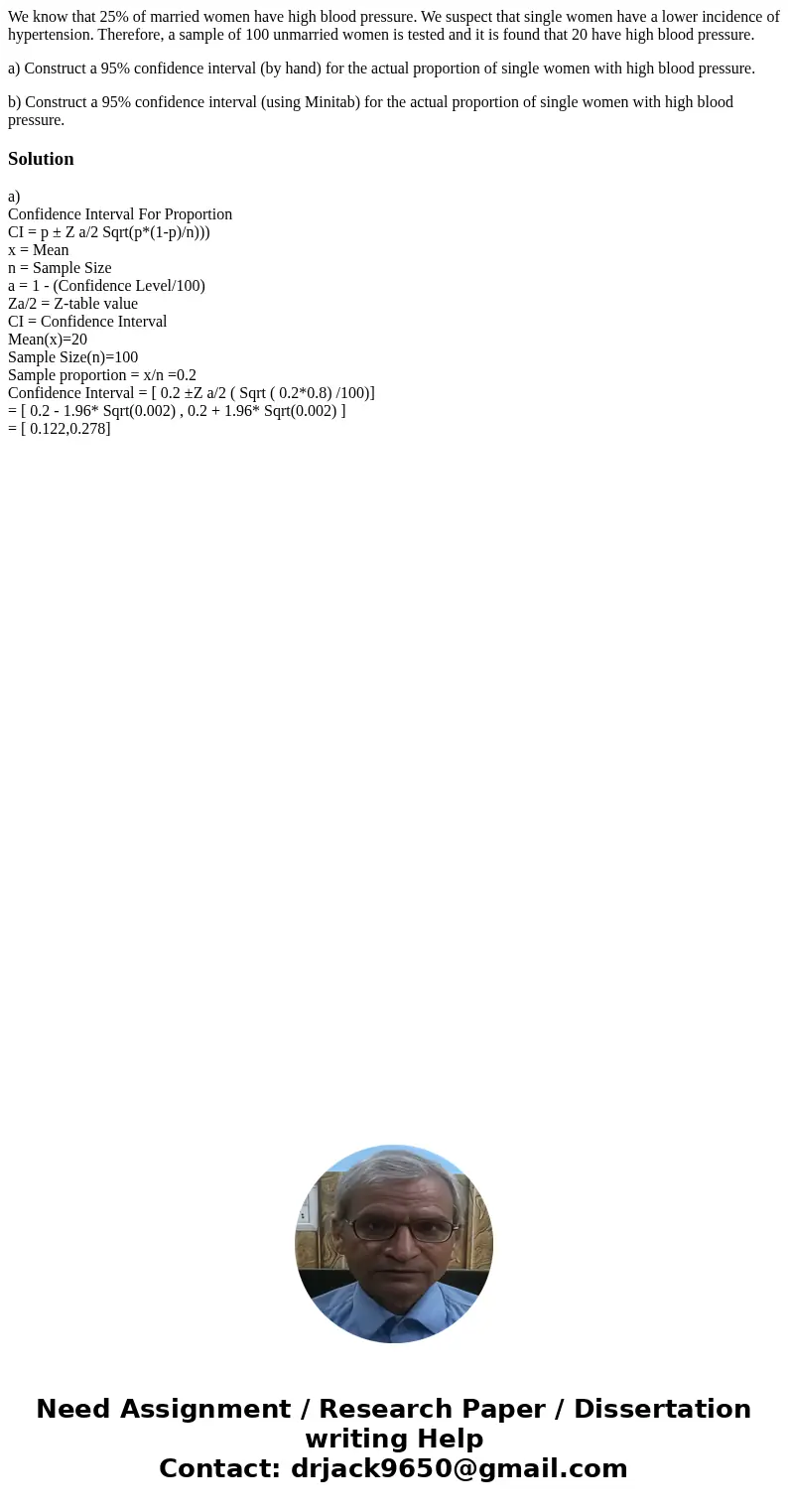 We know that 25% of married women have high blood pressure. We suspect that single women have a lower incidence of hypertension. Therefore, a sample of 100 unma We know that 25% of married women have high blood pressure. We suspect that single women have a lower incidence of hypertension. Therefore, a sample of 100 unma