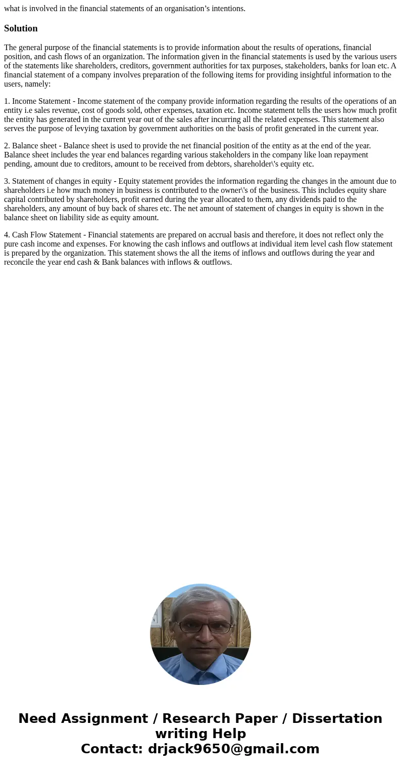 what is involved in the financial statements of an organisation’s intentions.SolutionThe general purpose of the financial statements is to provide information a what is involved in the financial statements of an organisation’s intentions.SolutionThe general purpose of the financial statements is to provide information a