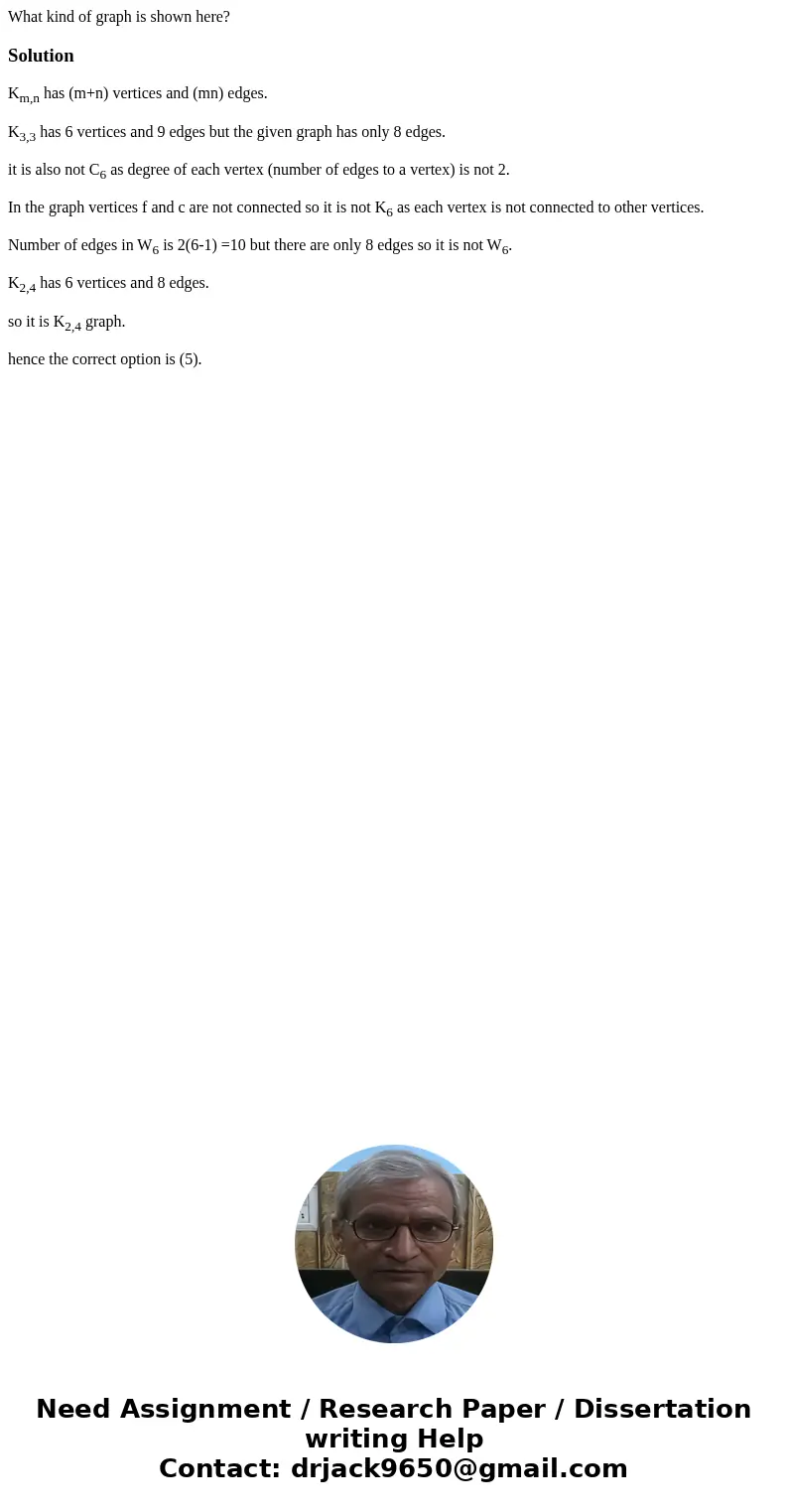 What kind of graph is shown here? SolutionKm,n has (m+n) vertices and (mn) edges. K3,3 has 6 vertices and 9 edges but the given graph has only 8 edges. it is a  What kind of graph is shown here? SolutionKm,n has (m+n) vertices and (mn) edges. K3,3 has 6 vertices and 9 edges but the given graph has only 8 edges. it is a