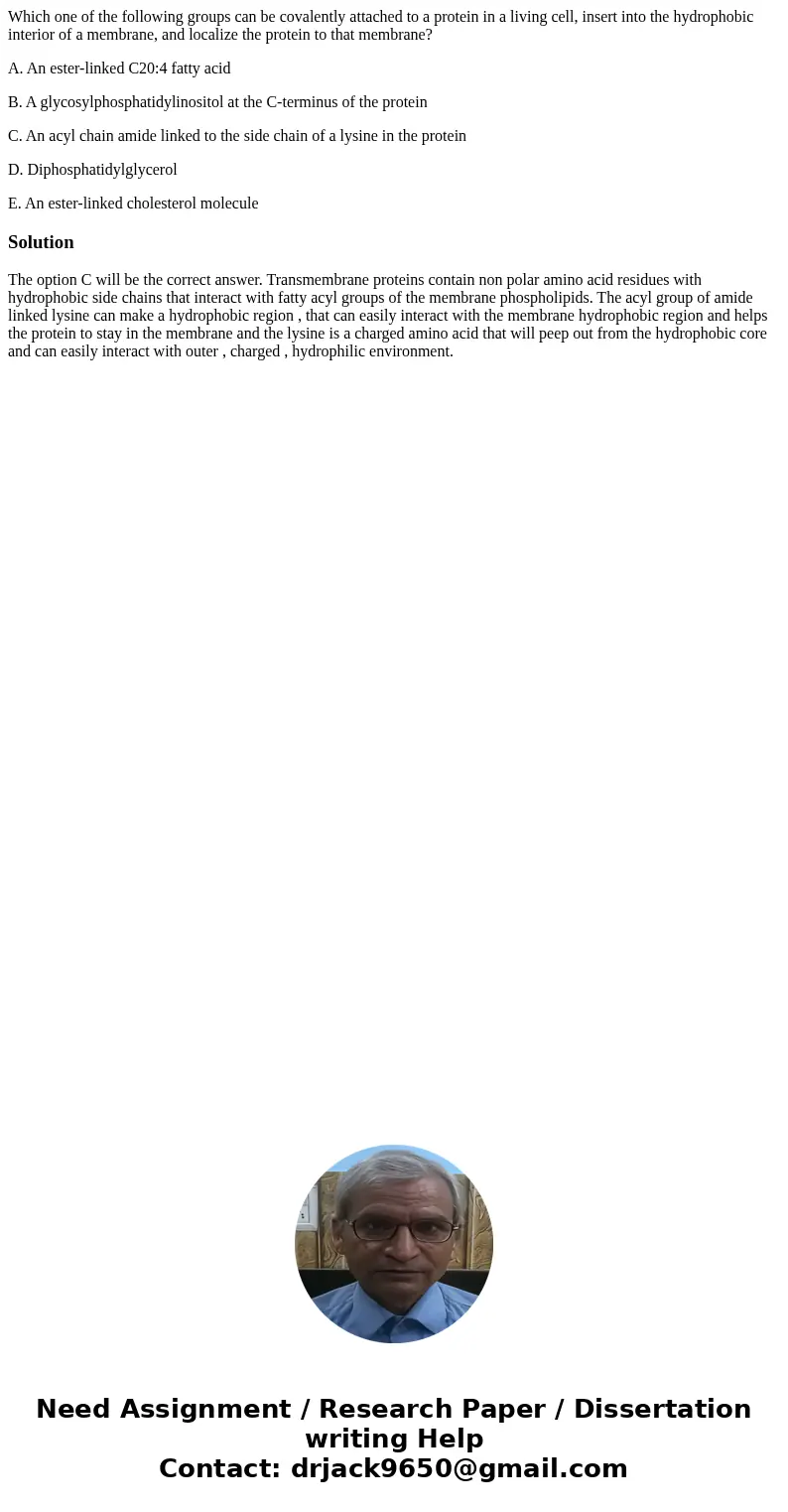 Which one of the following groups can be covalently attached to a protein in a living cell, insert into the hydrophobic interior of a membrane, and localize the Which one of the following groups can be covalently attached to a protein in a living cell, insert into the hydrophobic interior of a membrane, and localize the