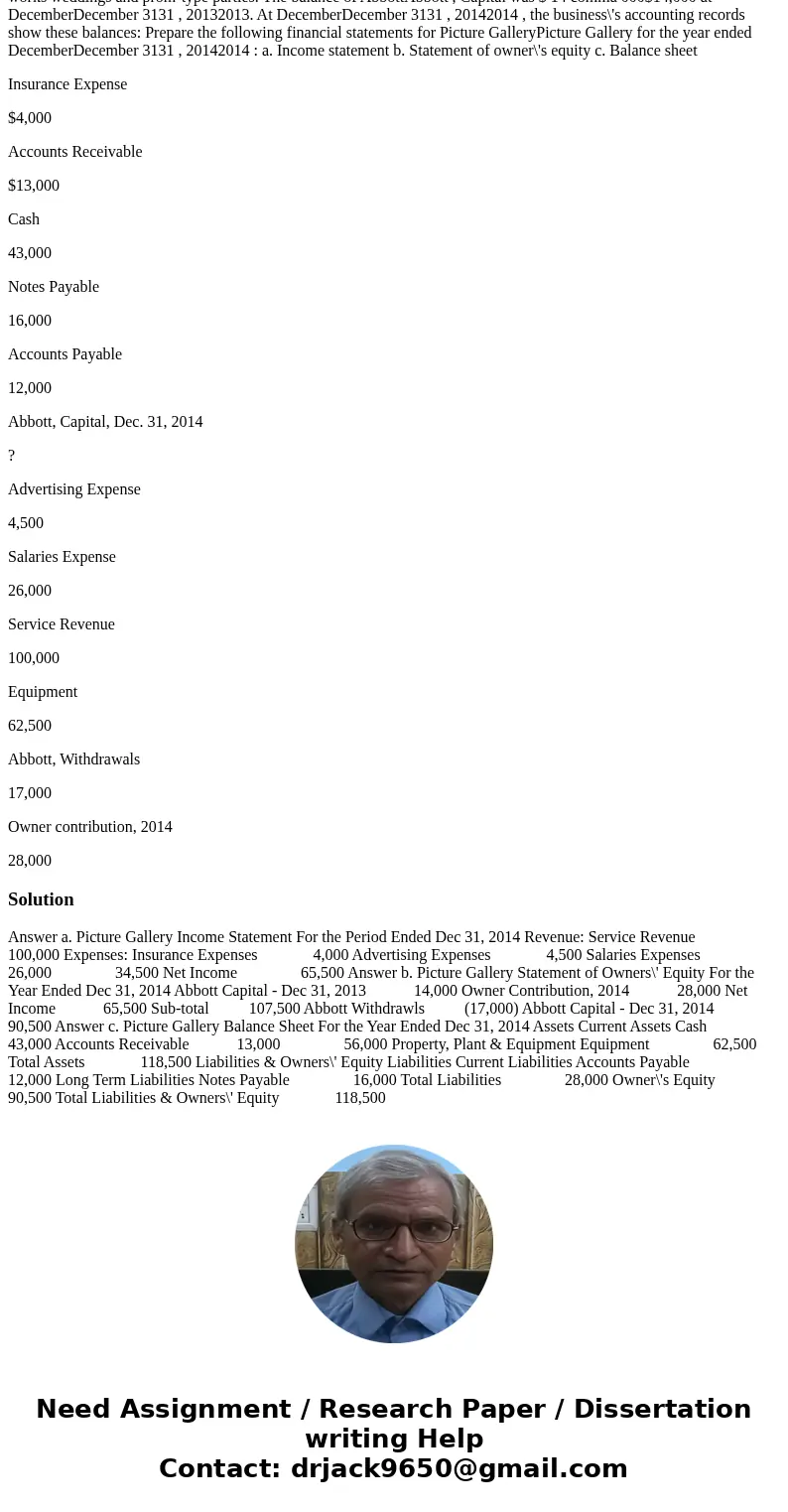 works weddings and prom-type parties. The balance of AbbottAbbott , Capital was $ 14 comma 000$14,000 at DecemberDecember 3131 , 20132013. At DecemberDecember 3 works weddings and prom-type parties. The balance of AbbottAbbott , Capital was $ 14 comma 000$14,000 at DecemberDecember 3131 , 20132013. At DecemberDecember 3