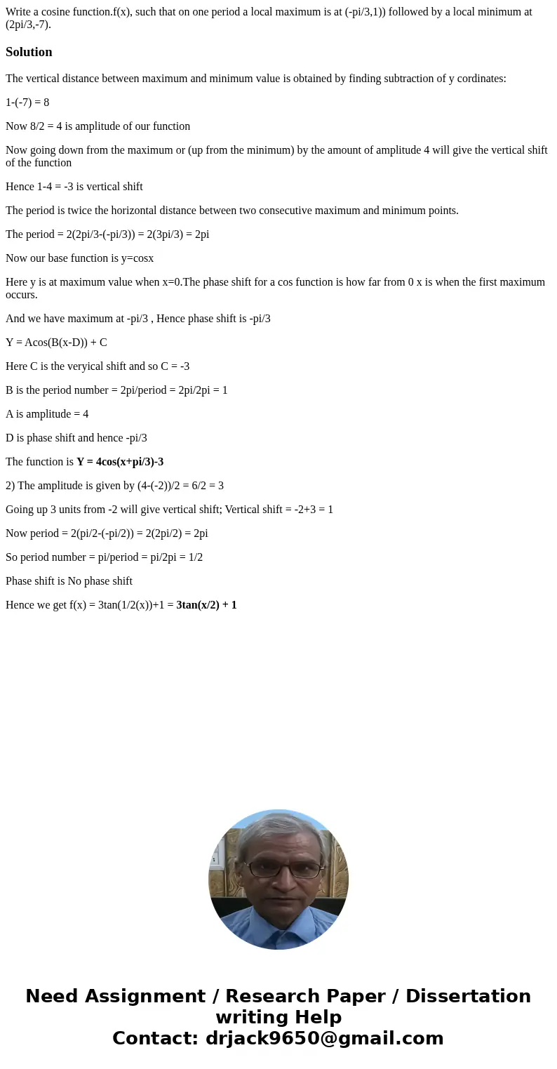 Write a cosine function.f(x), such that on one period a local maximum is at (-pi/3,1)) followed by a local minimum at (2pi/3,-7). SolutionThe vertical distance  Write a cosine function.f(x), such that on one period a local maximum is at (-pi/3,1)) followed by a local minimum at (2pi/3,-7). SolutionThe vertical distance