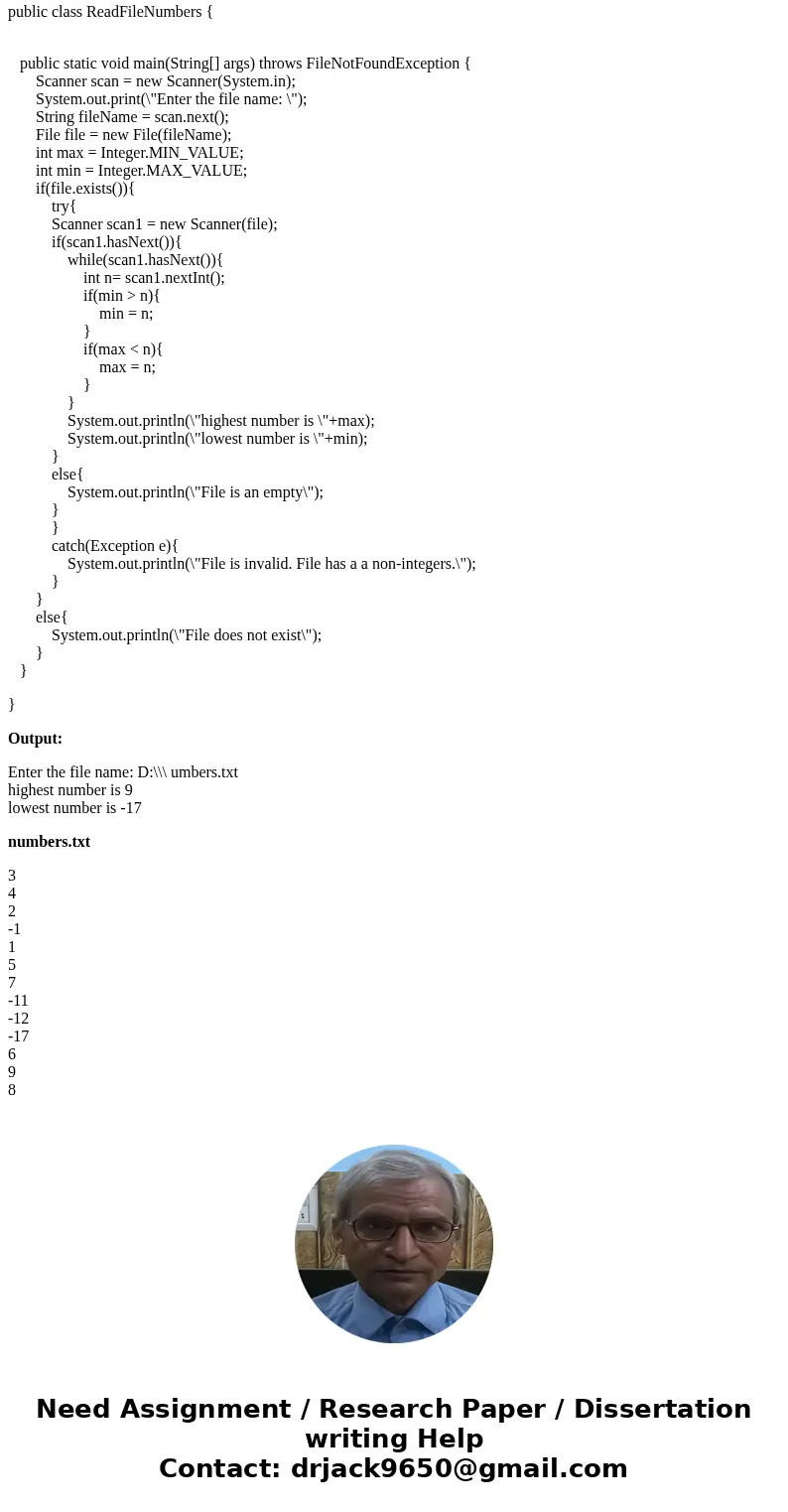 Write a JAVA program that reads a stream of integers from a file and prints to the screen the range of integers in the file (i.e. [lowest, highest]). You should