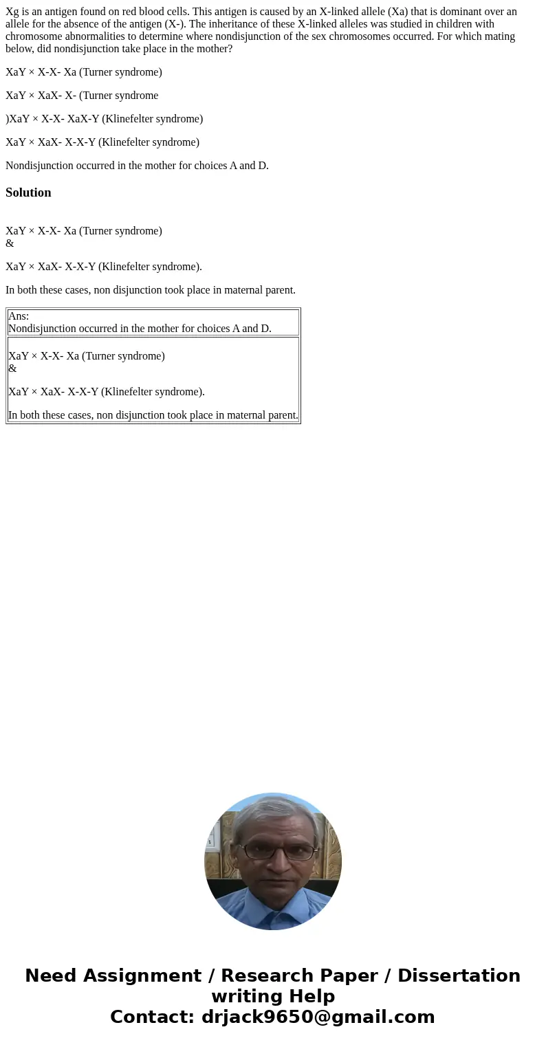 Xg is an antigen found on red blood cells. This antigen is caused by an X-linked allele (Xa) that is dominant over an allele for the absence of the antigen (X-) Xg is an antigen found on red blood cells. This antigen is caused by an X-linked allele (Xa) that is dominant over an allele for the absence of the antigen (X-)