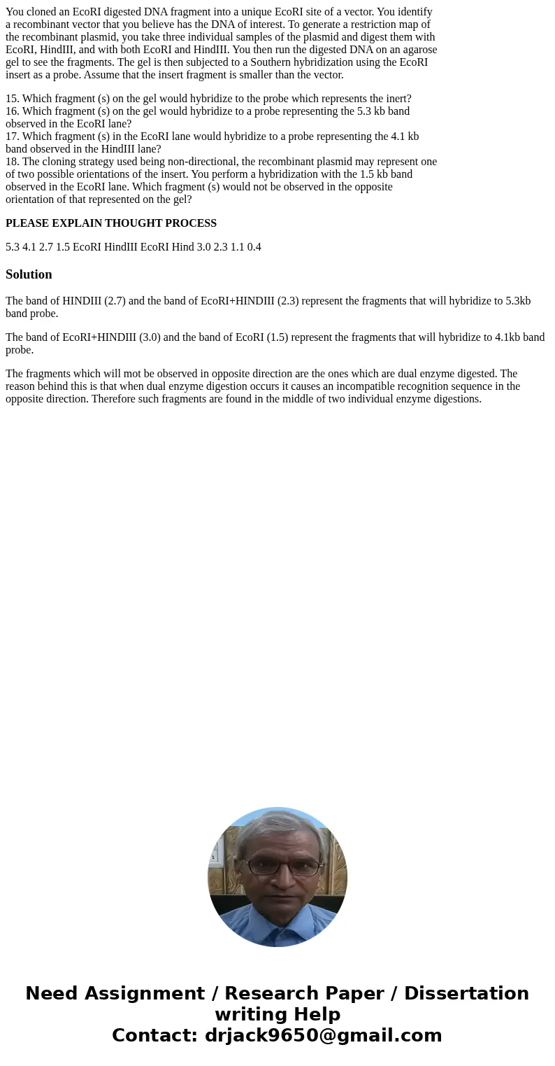 You cloned an EcoRI digested DNA fragment into a unique EcoRI site of a vector. You identify a recombinant vector that you believe has the DNA of interest. To g You cloned an EcoRI digested DNA fragment into a unique EcoRI site of a vector. You identify a recombinant vector that you believe has the DNA of interest. To g