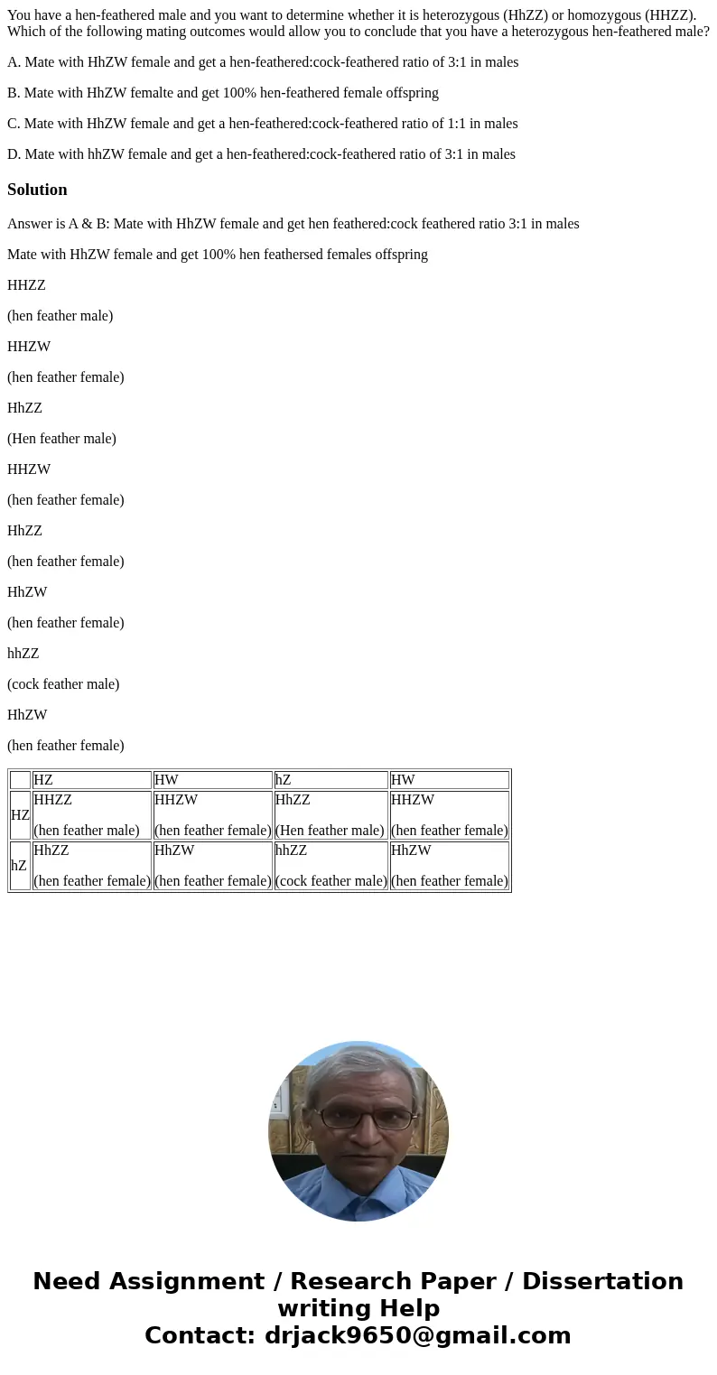 You have a hen-feathered male and you want to determine whether it is heterozygous (HhZZ) or homozygous (HHZZ). Which of the following mating outcomes would all You have a hen-feathered male and you want to determine whether it is heterozygous (HhZZ) or homozygous (HHZZ). Which of the following mating outcomes would all