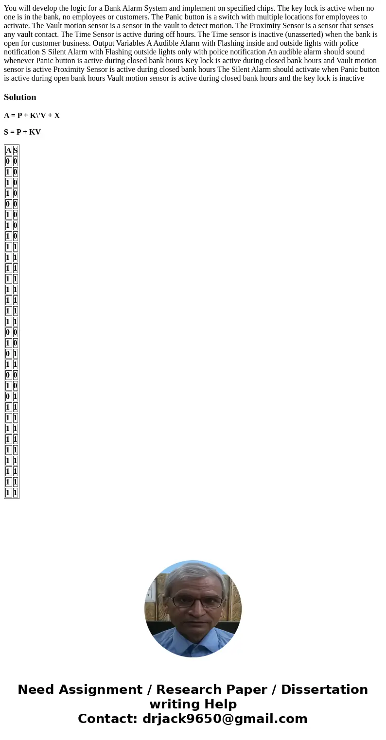You will develop the logic for a Bank Alarm System and implement on specified chips. The key lock is active when no one is in the bank, no employees or custome  You will develop the logic for a Bank Alarm System and implement on specified chips. The key lock is active when no one is in the bank, no employees or custome