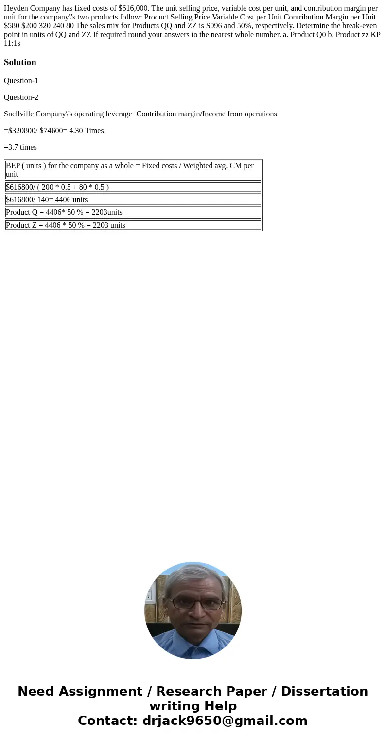  Heyden Company has fixed costs of $616,000. The unit selling price, variable cost per unit, and contribution margin per unit for the company\'s two products fo