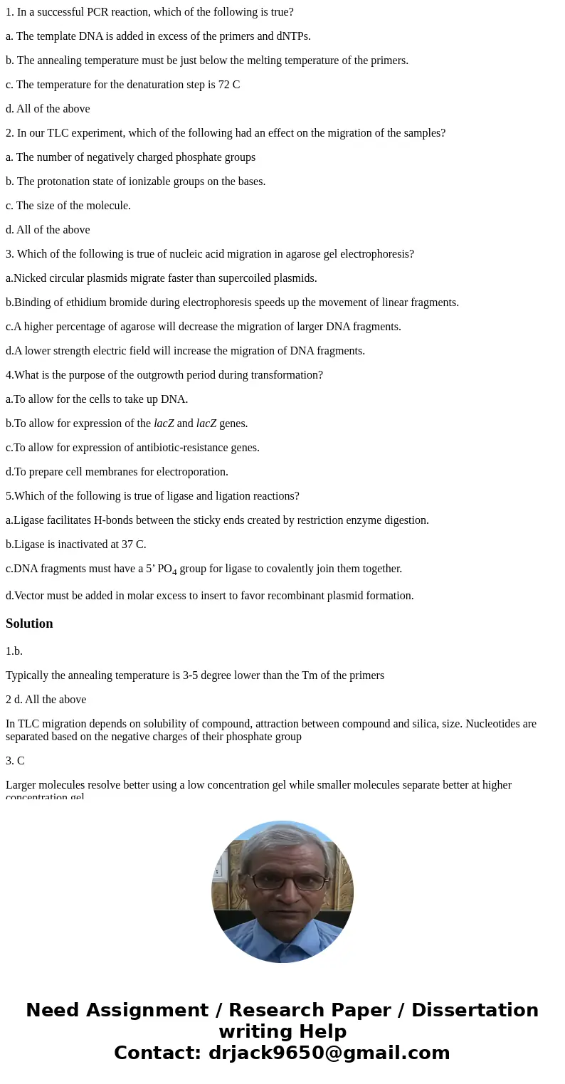 1. In a successful PCR reaction, which of the following is true? a. The template DNA is added in excess of the primers and dNTPs. b. The annealing temperature m 1. In a successful PCR reaction, which of the following is true? a. The template DNA is added in excess of the primers and dNTPs. b. The annealing temperature m