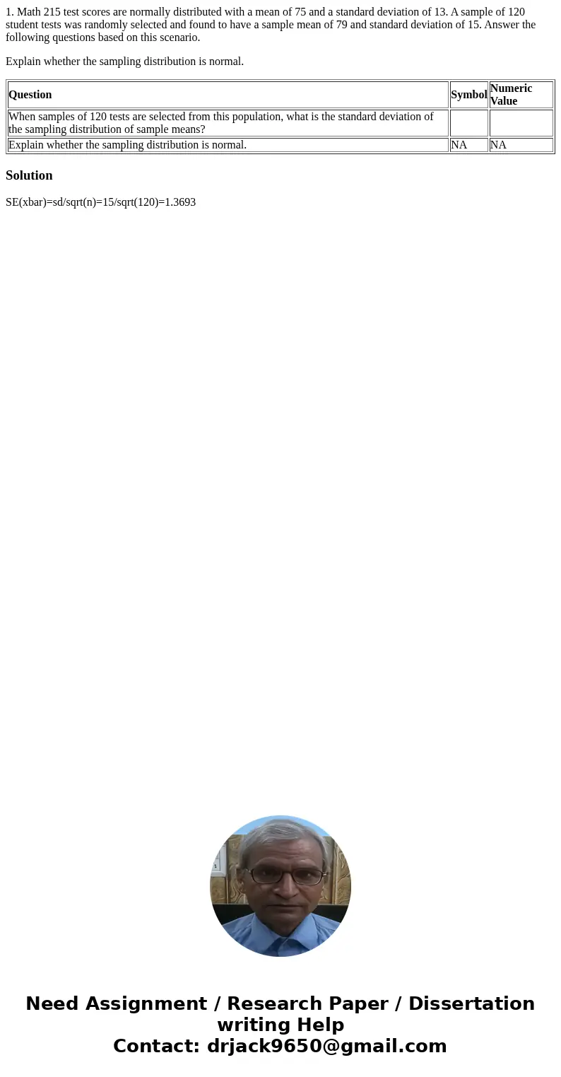 1. Math 215 test scores are normally distributed with a mean of 75 and a standard deviation of 13. A sample of 120 student tests was randomly selected and found 1. Math 215 test scores are normally distributed with a mean of 75 and a standard deviation of 13. A sample of 120 student tests was randomly selected and found