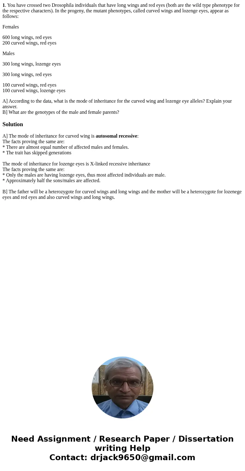 1. You have crossed two Drosophila individuals that have long wings and red eyes (both are the wild type phenotype for the respective characters). In the progen 1. You have crossed two Drosophila individuals that have long wings and red eyes (both are the wild type phenotype for the respective characters). In the progen
