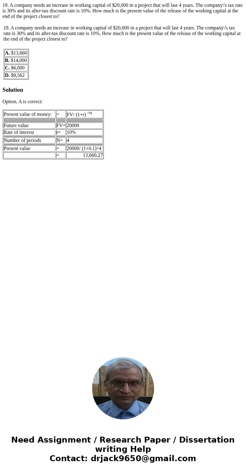 19. A company needs an increase in working capital of $20,000 in a project that will last 4 years. The company\'s tax rate is 30% and its after-tax discount rat 19. A company needs an increase in working capital of $20,000 in a project that will last 4 years. The company\'s tax rate is 30% and its after-tax discount rat
