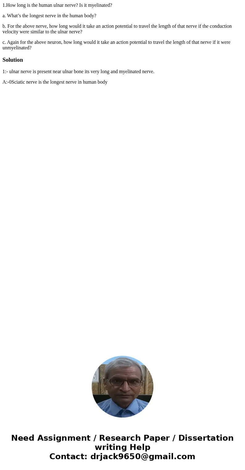 1.How long is the human ulnar nerve? Is it myelinated? a. What’s the longest nerve in the human body? b. For the above nerve, how long would it take an action p 1.How long is the human ulnar nerve? Is it myelinated? a. What’s the longest nerve in the human body? b. For the above nerve, how long would it take an action p
