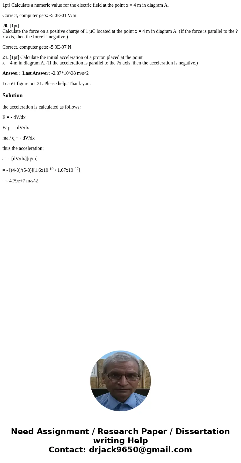 1pt] Calculate a numeric value for the electric field at the point x = 4 m in diagram A. Correct, computer gets: -5.0E-01 V/m 20. [1pt] Calculate the force on a