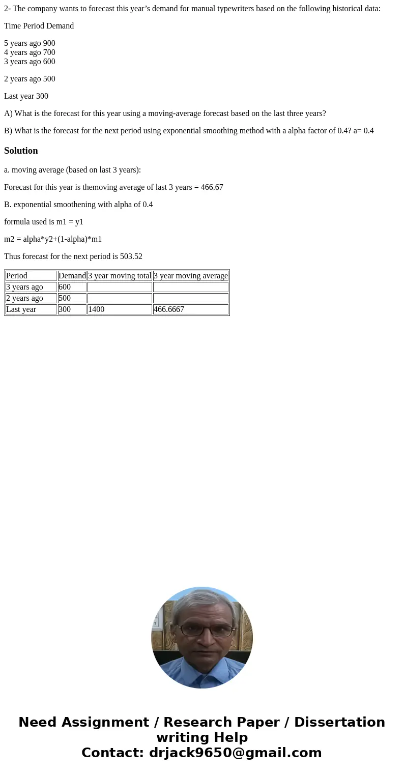2- The company wants to forecast this year’s demand for manual typewriters based on the following historical data: Time Period Demand 5 years ago 900 4 years ag 2- The company wants to forecast this year’s demand for manual typewriters based on the following historical data: Time Period Demand 5 years ago 900 4 years ag