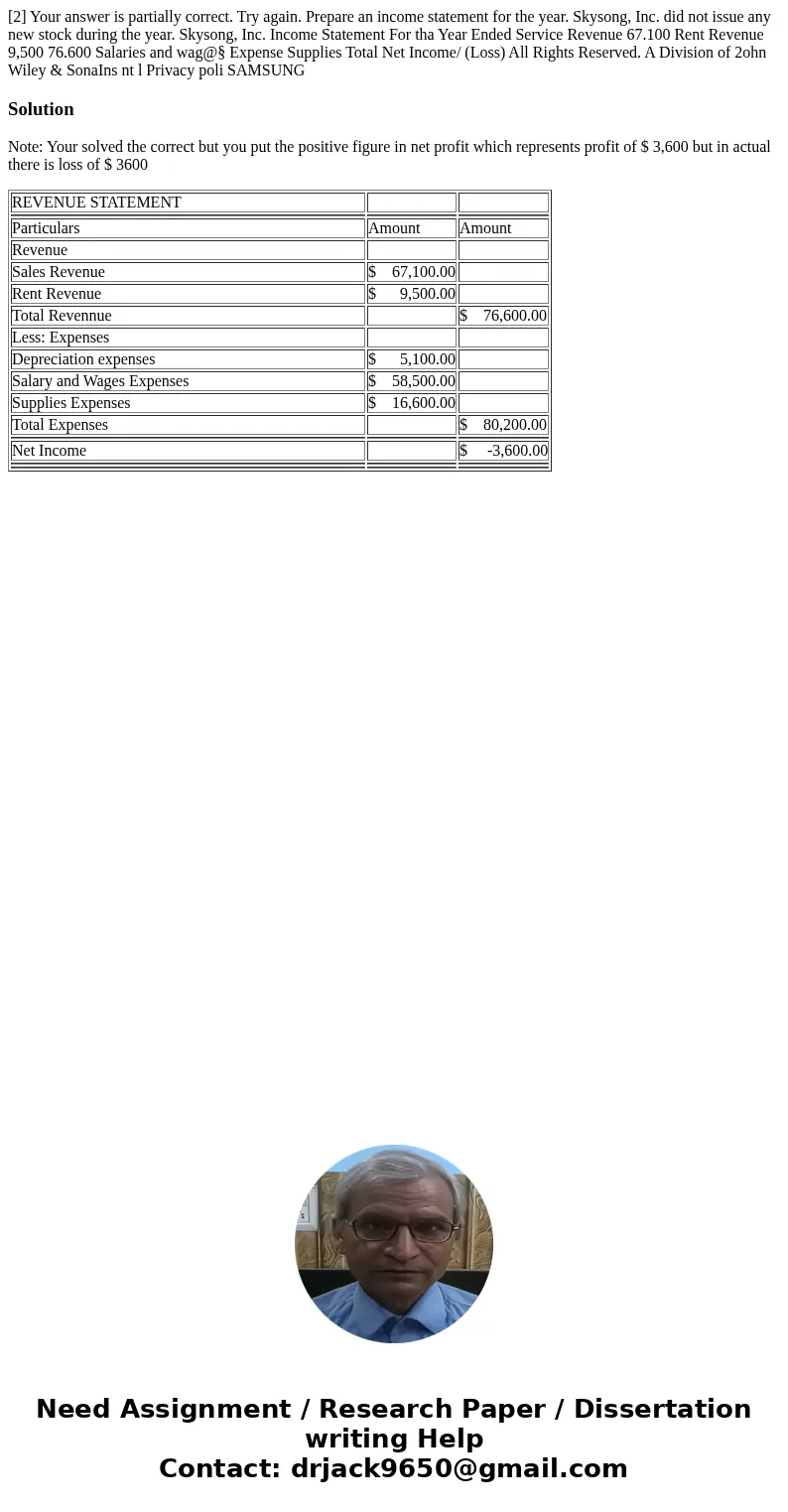  [2] Your answer is partially correct. Try again. Prepare an income statement for the year. Skysong, Inc. did not issue any new stock during the year. Skysong, 