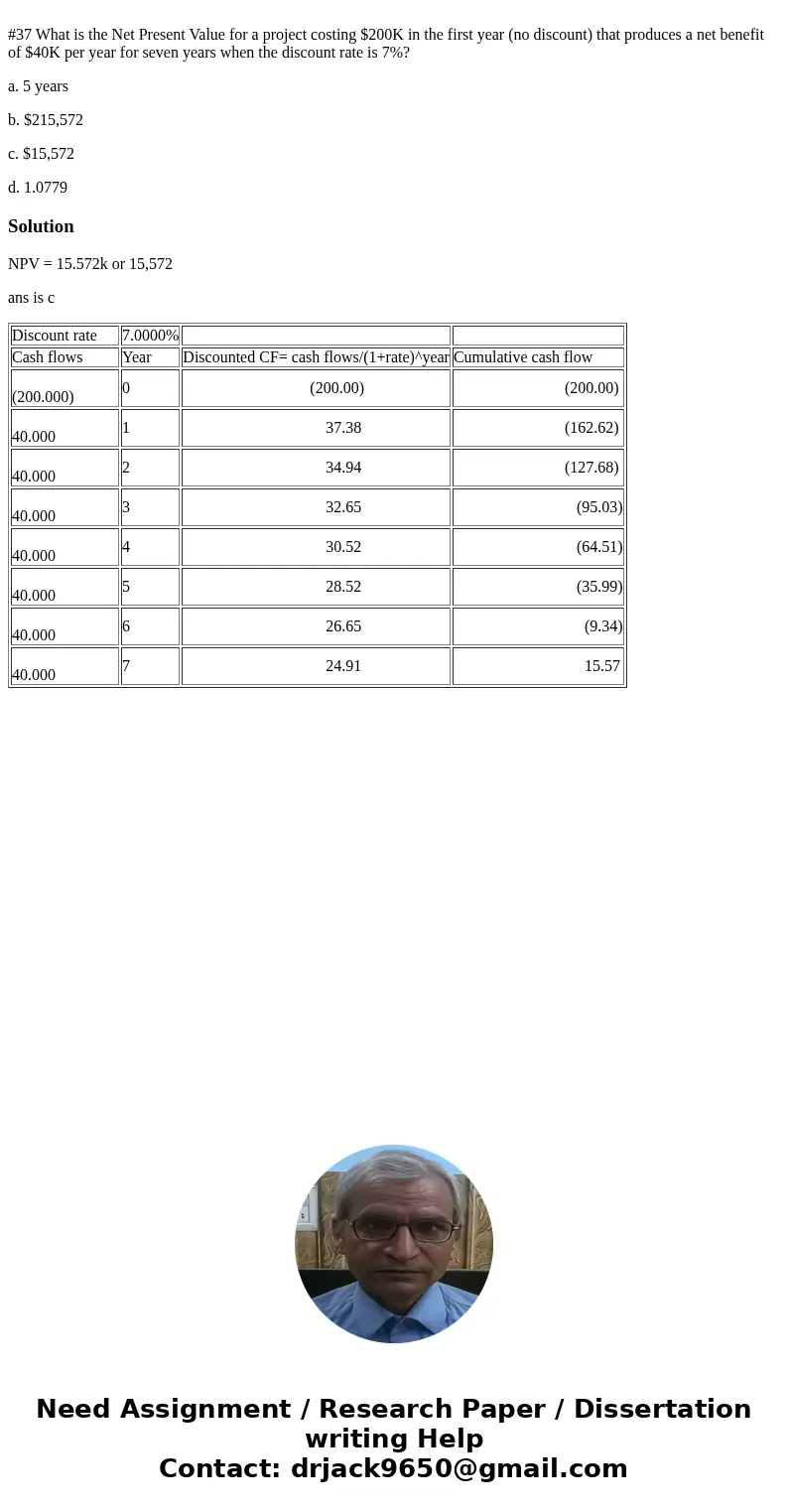 #37 What is the Net Present Value for a project costing $200K in the first year (no discount) that produces a net benefit of $40K per year for seven years when  #37 What is the Net Present Value for a project costing $200K in the first year (no discount) that produces a net benefit of $40K per year for seven years when