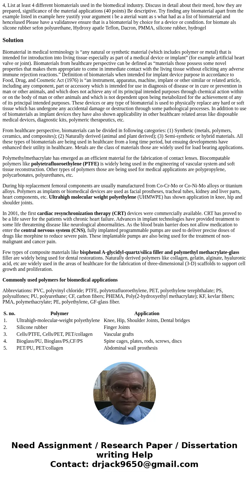  4, List at least 4 different biomaterials used in the biomedical industry. Discuss in detail about their meed, how they are prepared, significance of the mater