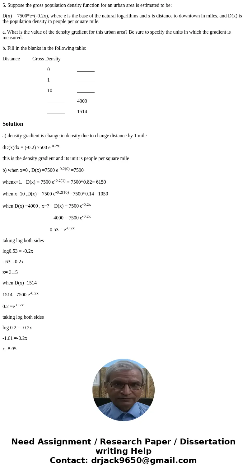 5. Suppose the gross population density function for an urban area is estimated to be: D(x) = 7500*e^(-0.2x), where e is the base of the natural logarithms and  5. Suppose the gross population density function for an urban area is estimated to be: D(x) = 7500*e^(-0.2x), where e is the base of the natural logarithms and