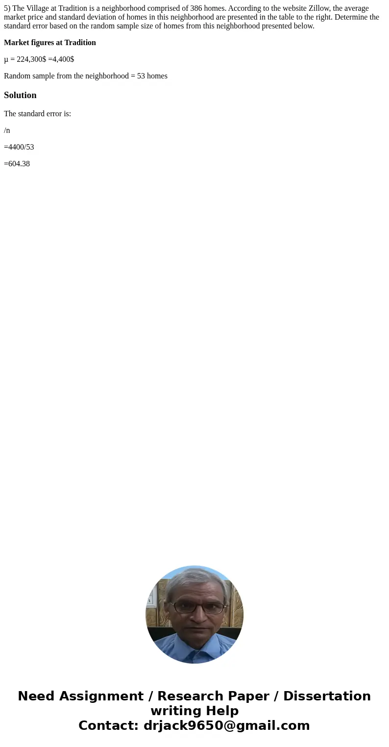 5) The Village at Tradition is a neighborhood comprised of 386 homes. According to the website Zillow, the average market price and standard deviation of homes  5) The Village at Tradition is a neighborhood comprised of 386 homes. According to the website Zillow, the average market price and standard deviation of homes