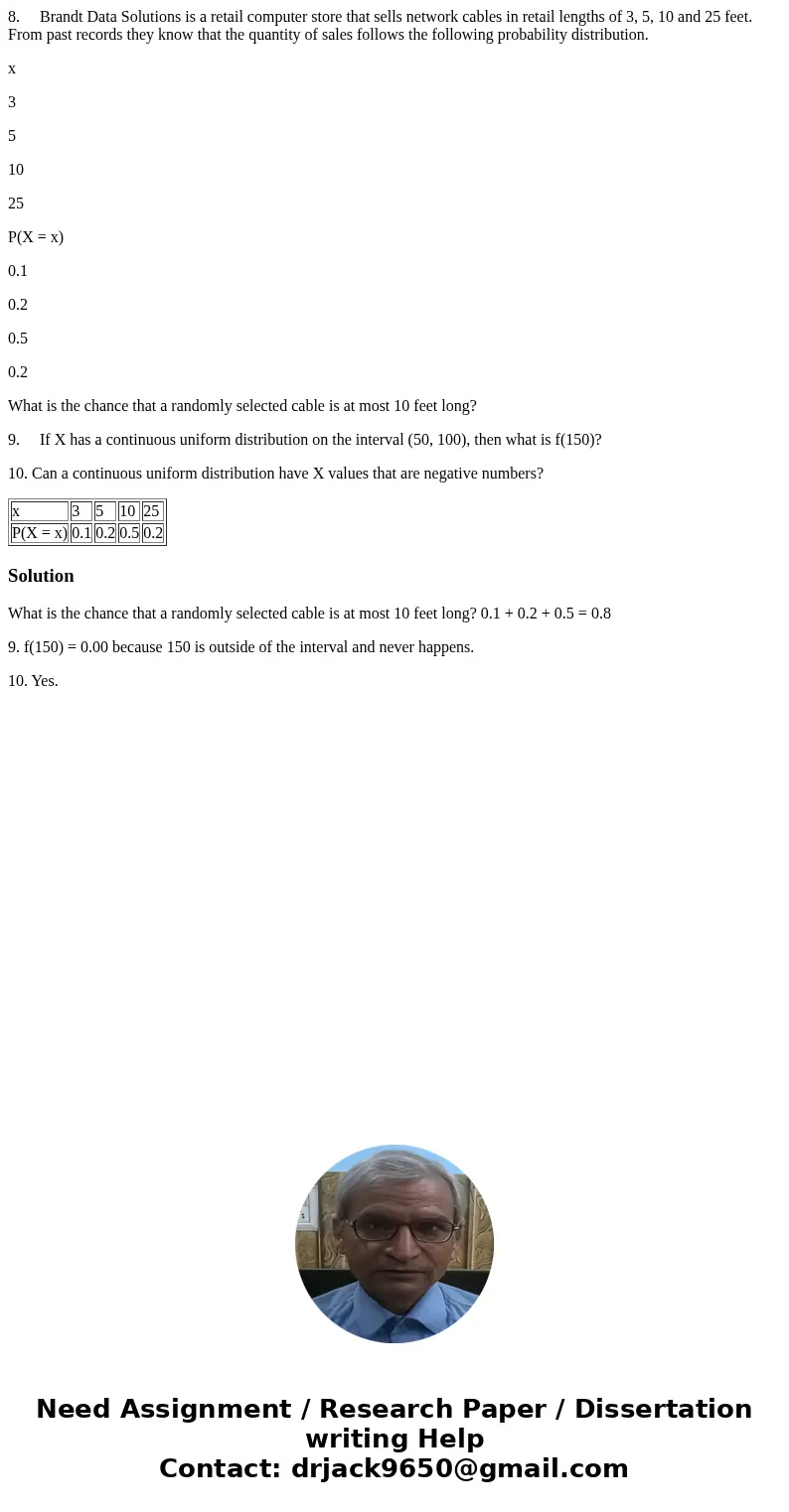 8. Brandt Data Solutions is a retail computer store that sells network cables in retail lengths of 3, 5, 10 and 25 feet. From past records they know that the qu 8. Brandt Data Solutions is a retail computer store that sells network cables in retail lengths of 3, 5, 10 and 25 feet. From past records they know that the qu