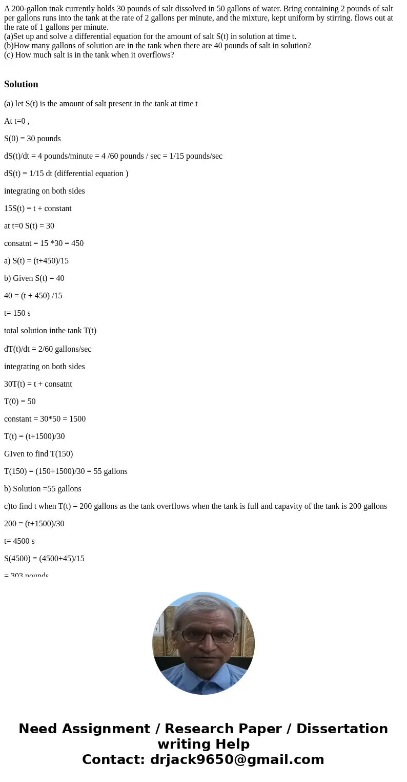 A 200-gallon tnak currently holds 30 pounds of salt dissolved in 50 gallons of water. Bring containing 2 pounds of salt per gallons runs into the tank at the ra A 200-gallon tnak currently holds 30 pounds of salt dissolved in 50 gallons of water. Bring containing 2 pounds of salt per gallons runs into the tank at the ra