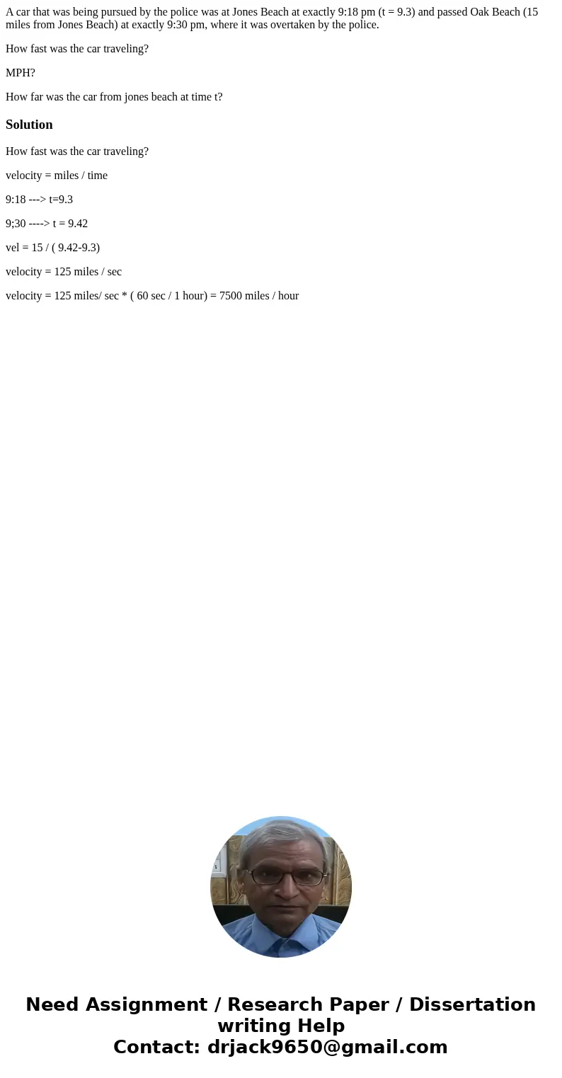 A car that was being pursued by the police was at Jones Beach at exactly 9:18 pm (t = 9.3) and passed Oak Beach (15 miles from Jones Beach) at exactly 9:30 pm, 