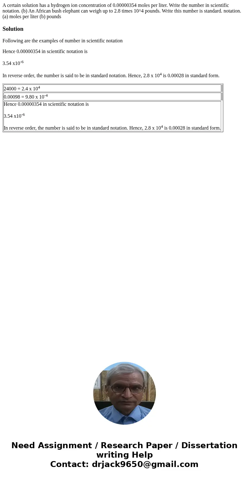 A certain solution has a hydrogen ion concentration of 0.00000354 moles per liter. Write the number in scientific notation. (b) An African bush elephant can we  A certain solution has a hydrogen ion concentration of 0.00000354 moles per liter. Write the number in scientific notation. (b) An African bush elephant can we