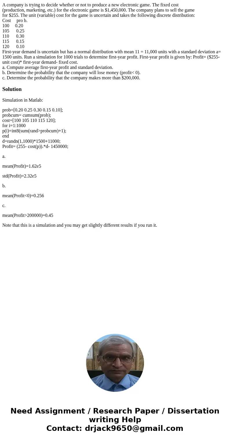 A company is trying to decide whether or not to produce a new electronic game. The fixed cost (production, marketing, etc.) for the electronic game is $1,450,00 A company is trying to decide whether or not to produce a new electronic game. The fixed cost (production, marketing, etc.) for the electronic game is $1,450,00
