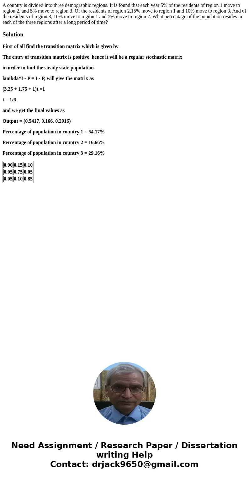 A country is divided into three demographic regions. It is found that each year 5% of the residents of region 1 move to region 2, and 5% move to region 3. Of t  A country is divided into three demographic regions. It is found that each year 5% of the residents of region 1 move to region 2, and 5% move to region 3. Of t