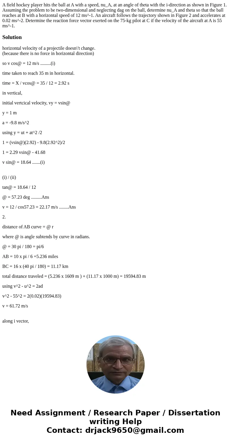 A field hockey player hits the ball at A with a speed, nu_A, at an angle of theta with the i-direction as shown in Figure 1. Assuming the problem to be two-dim  A field hockey player hits the ball at A with a speed, nu_A, at an angle of theta with the i-direction as shown in Figure 1. Assuming the problem to be two-dim