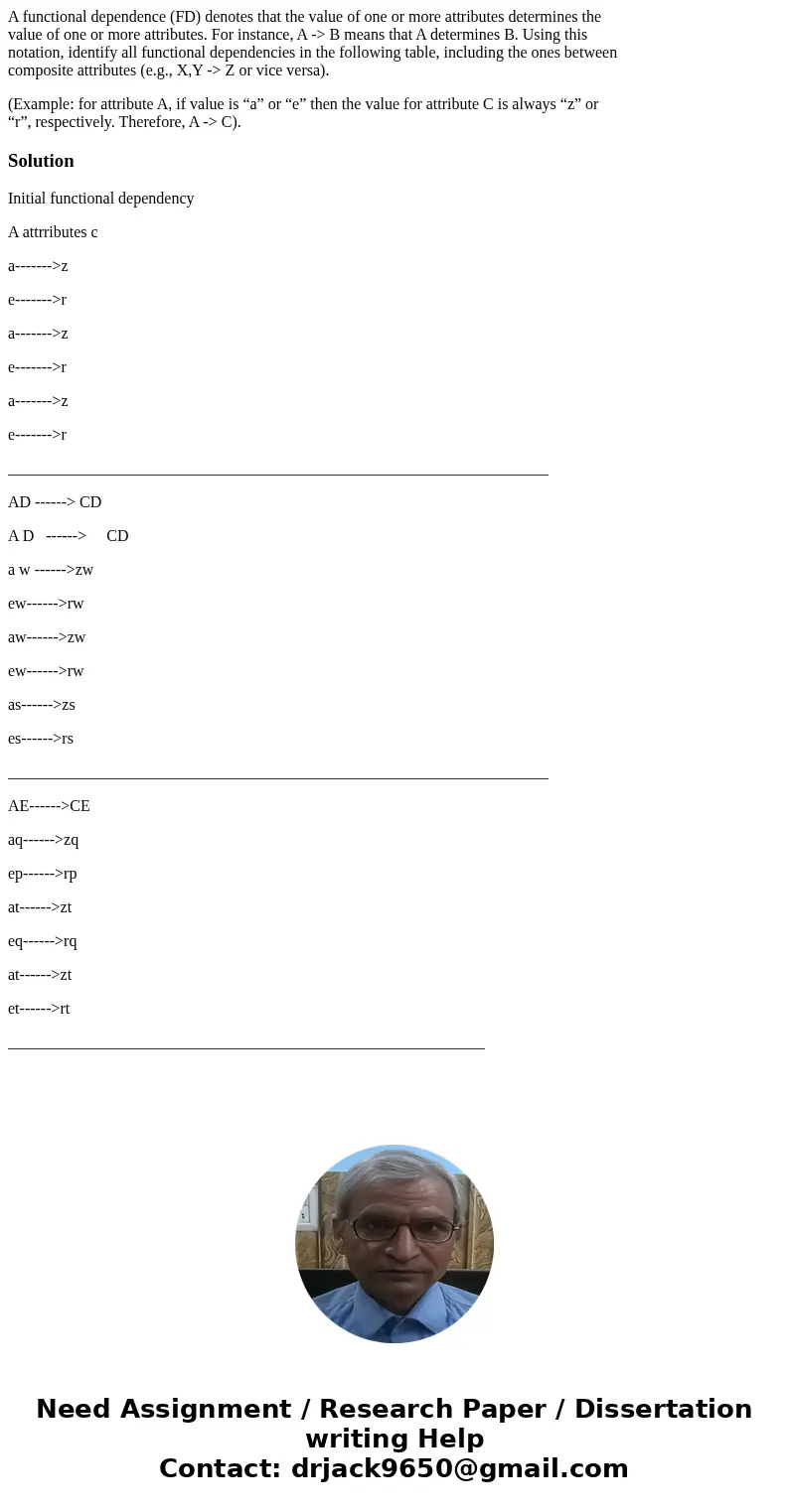 A functional dependence (FD) denotes that the value of one or more attributes determines the value of one or more attributes. For instance, A -> B means that A functional dependence (FD) denotes that the value of one or more attributes determines the value of one or more attributes. For instance, A -> B means that