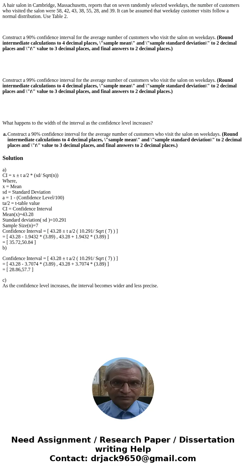 A hair salon in Cambridge, Massachusetts, reports that on seven randomly selected weekdays, the number of customers who visited the salon were 58, 42, 43, 38, 5