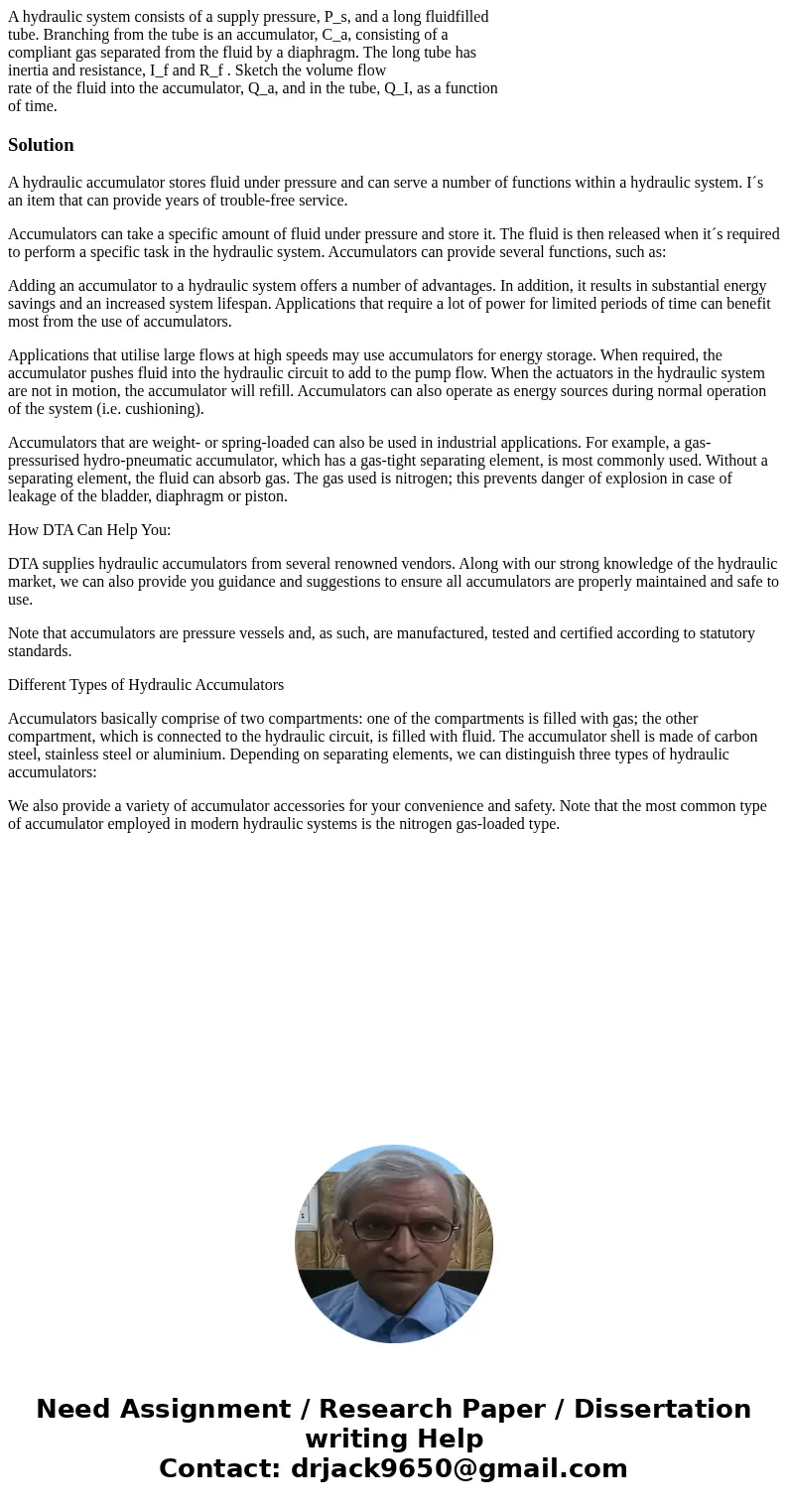 A hydraulic system consists of a supply pressure, P_s, and a long fluidfilled tube. Branching from the tube is an accumulator, C_a, consisting of a compliant ga A hydraulic system consists of a supply pressure, P_s, and a long fluidfilled tube. Branching from the tube is an accumulator, C_a, consisting of a compliant ga