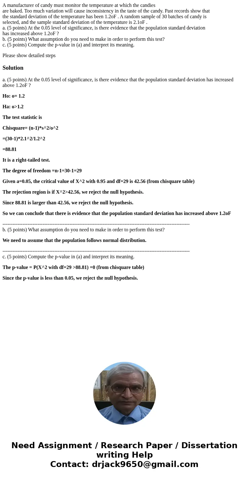 A manufacturer of candy must monitor the temperature at which the candies are baked. Too much variation will cause inconsistency in the taste of the candy. Past A manufacturer of candy must monitor the temperature at which the candies are baked. Too much variation will cause inconsistency in the taste of the candy. Past