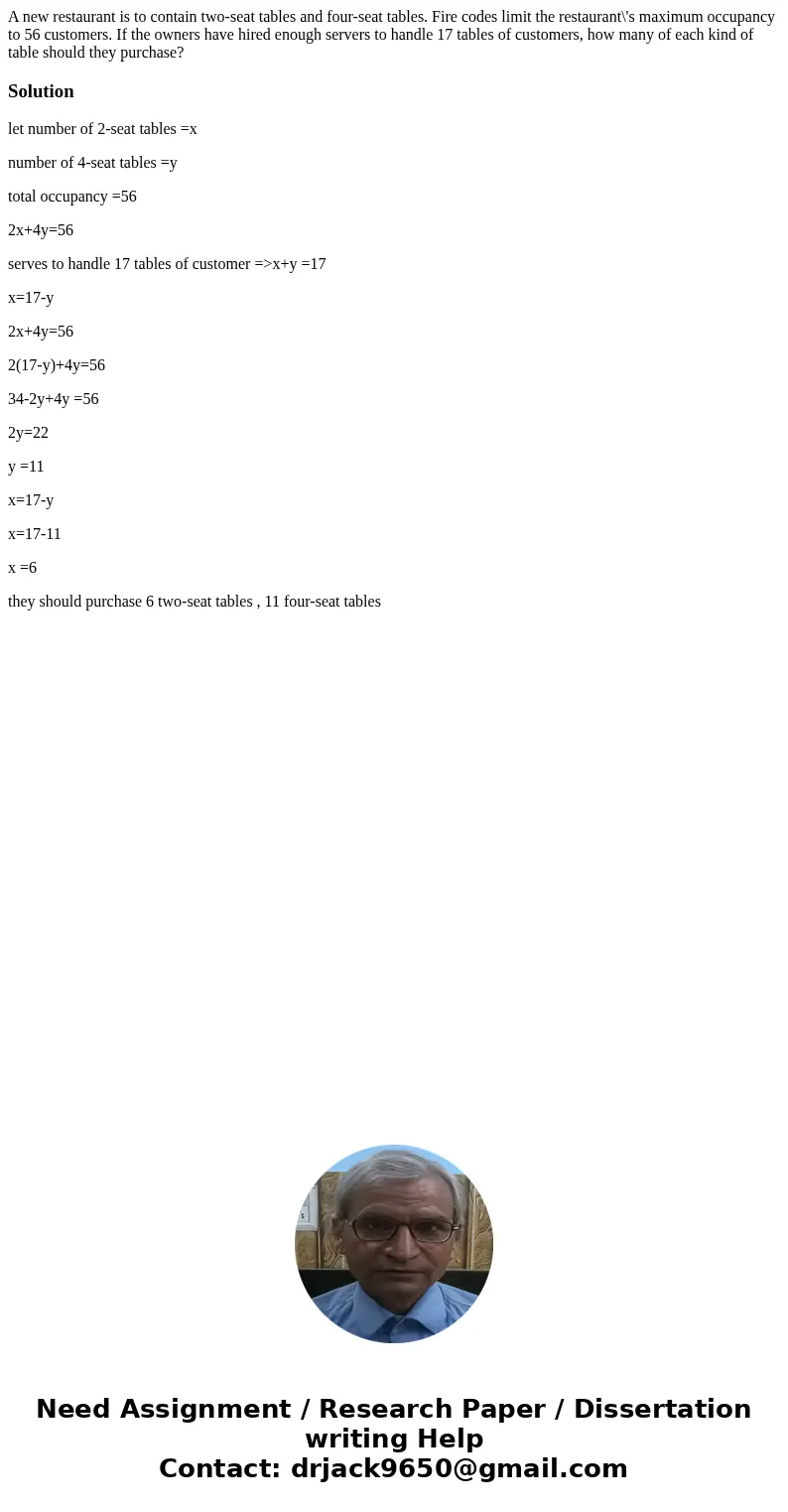 A new restaurant is to contain two-seat tables and four-seat tables. Fire codes limit the restaurant\'s maximum occupancy to 56 customers. If the owners have h  A new restaurant is to contain two-seat tables and four-seat tables. Fire codes limit the restaurant\'s maximum occupancy to 56 customers. If the owners have h
