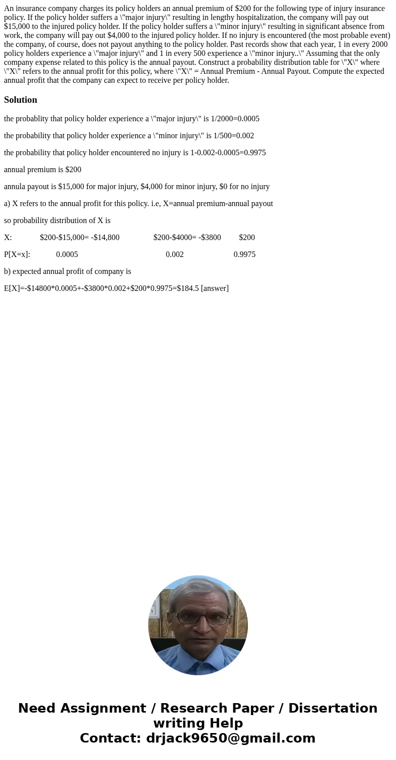  An insurance company charges its policy holders an annual premium of $200 for the following type of injury insurance policy. If the policy holder suffers a \